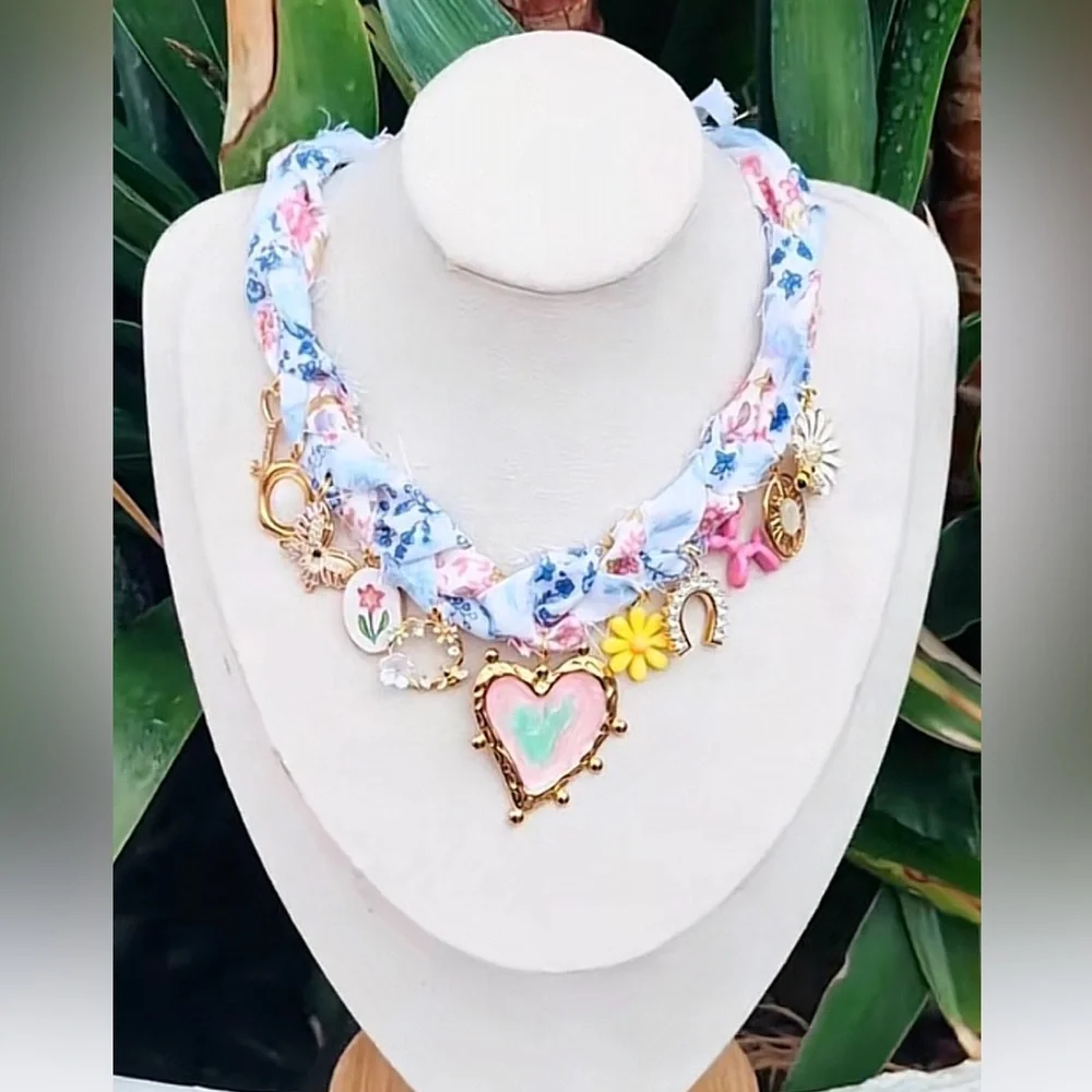 Brand New. Never worn. Custom Bandana Charm Necklace with Heart Pendant - Picture 1 of 1